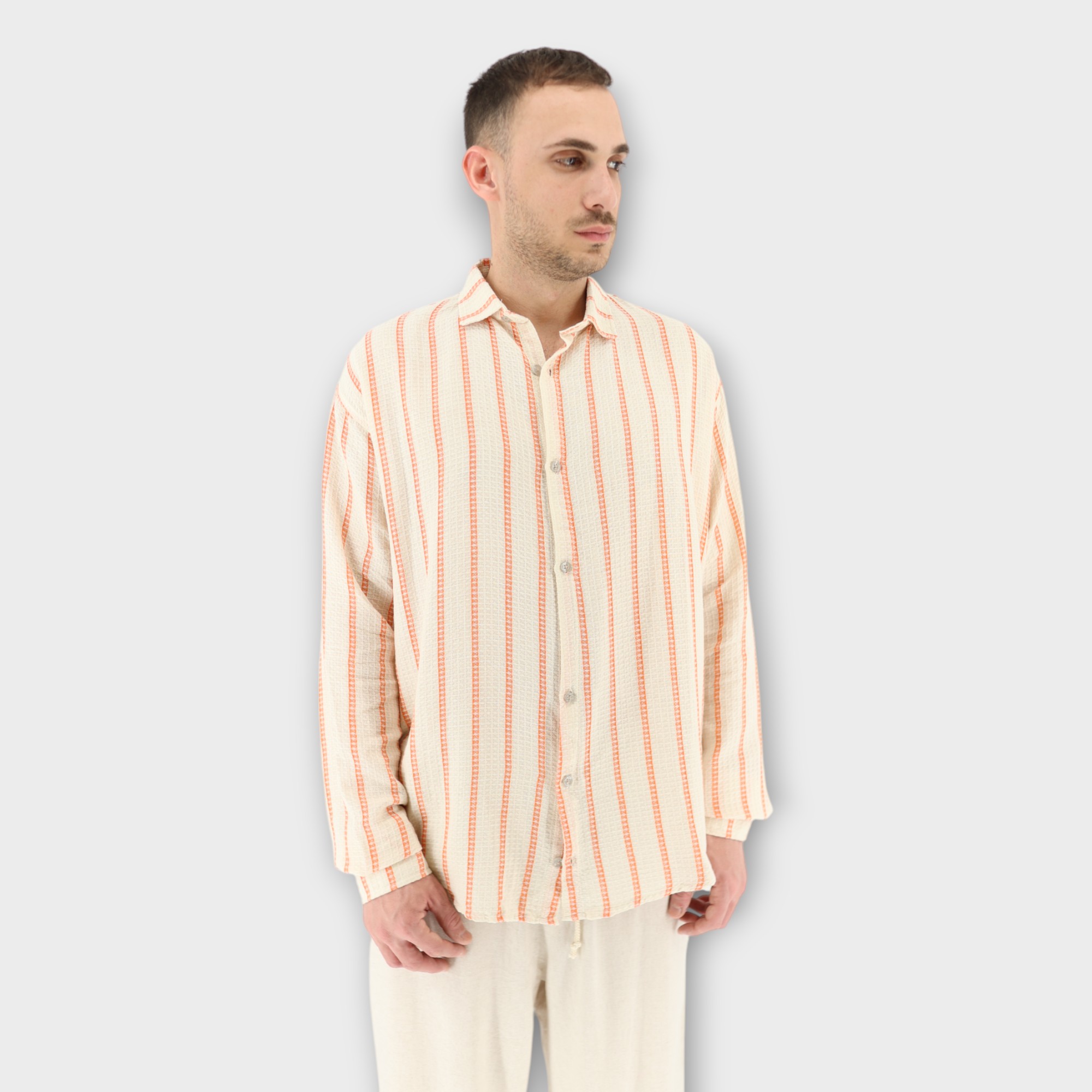 OVERSIZED SHIRT ΜΕ ΡΙΓΑ - BEIGE - Image 2