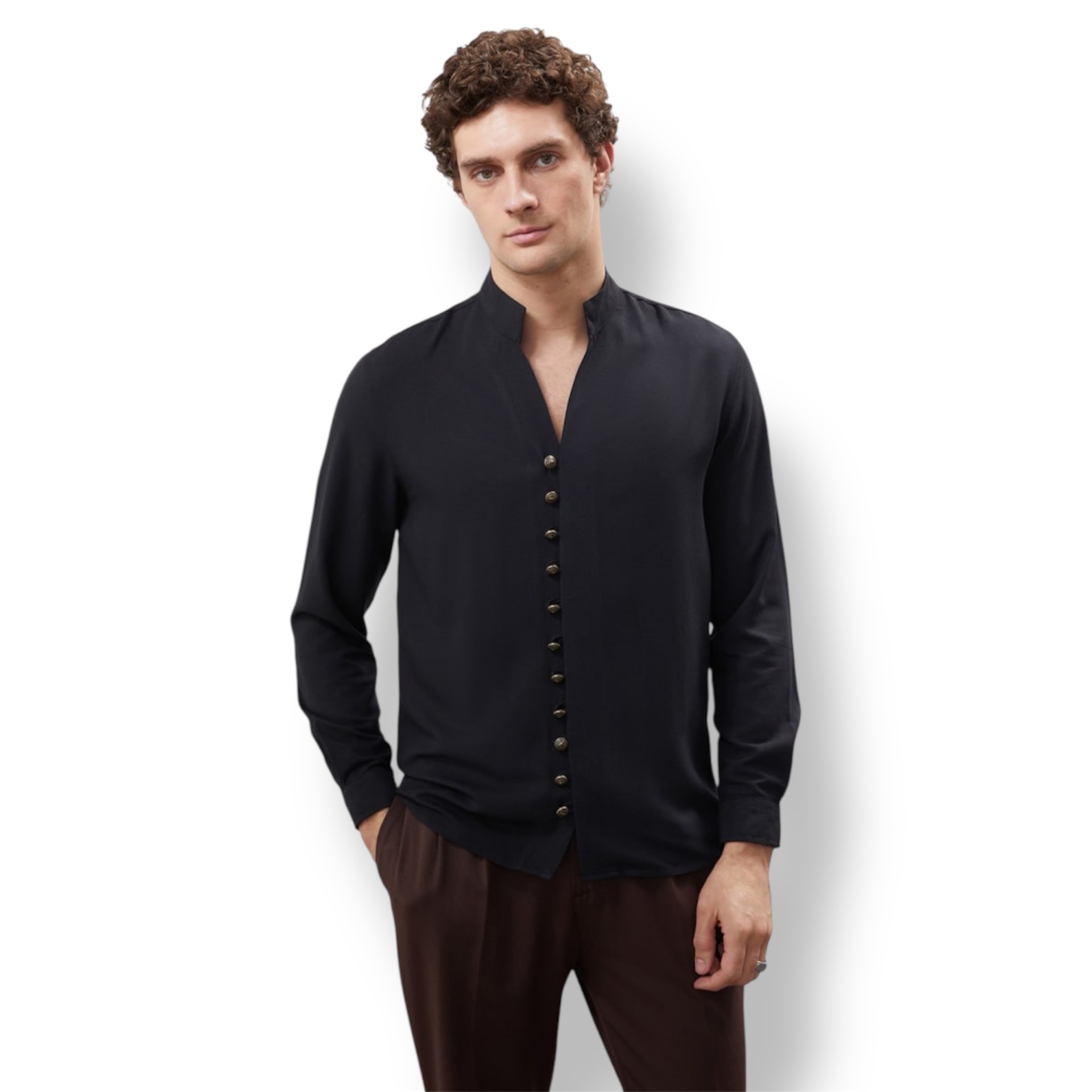 MAO COLLAR REGULAR SHIRT - GOLD BUTTONS - BLACK