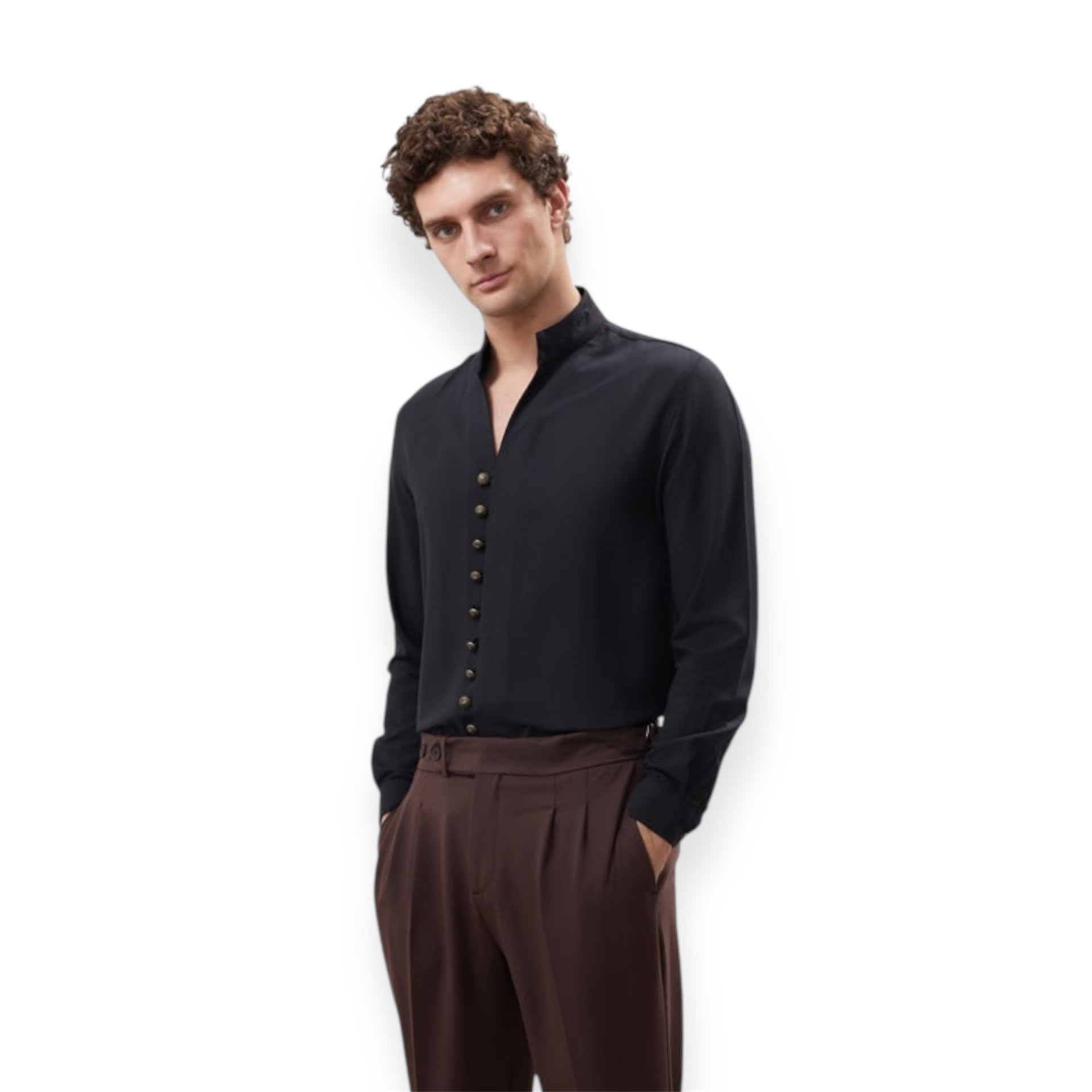 MAO COLLAR REGULAR SHIRT - GOLD BUTTONS - BLACK - Image 2