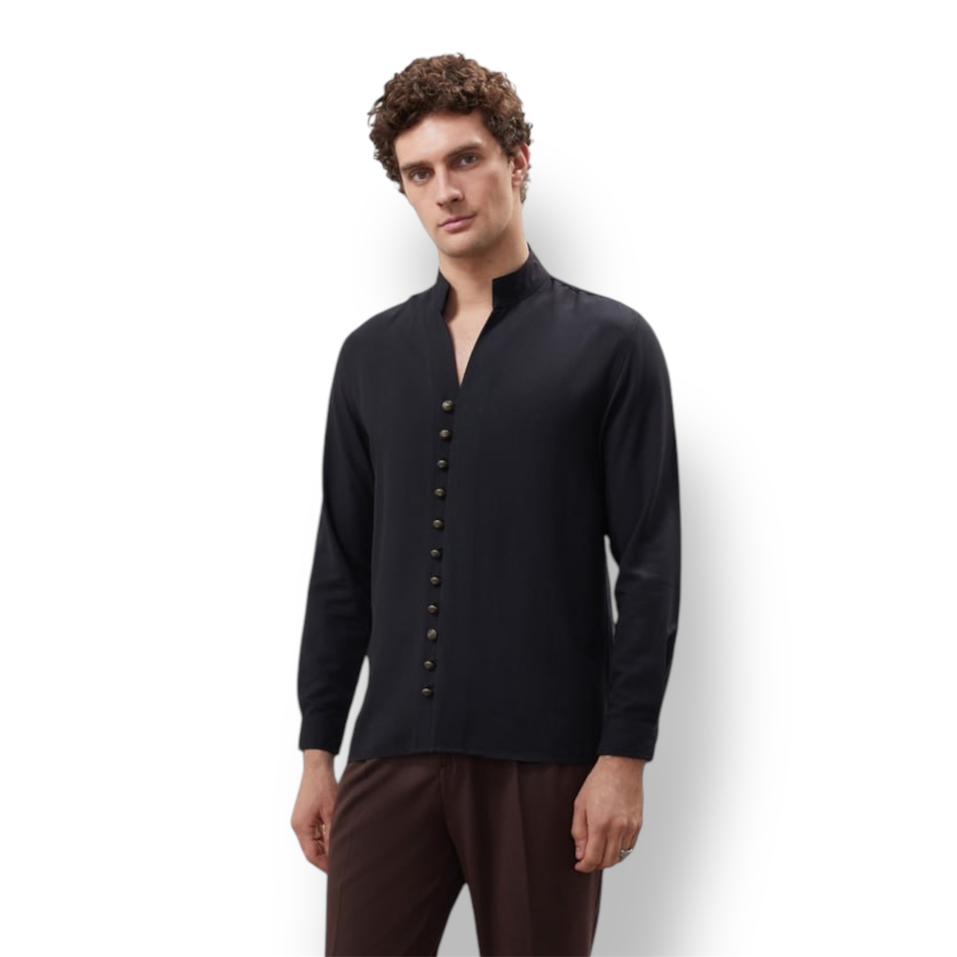 MAO COLLAR REGULAR SHIRT - GOLD BUTTONS - BLACK - Image 3