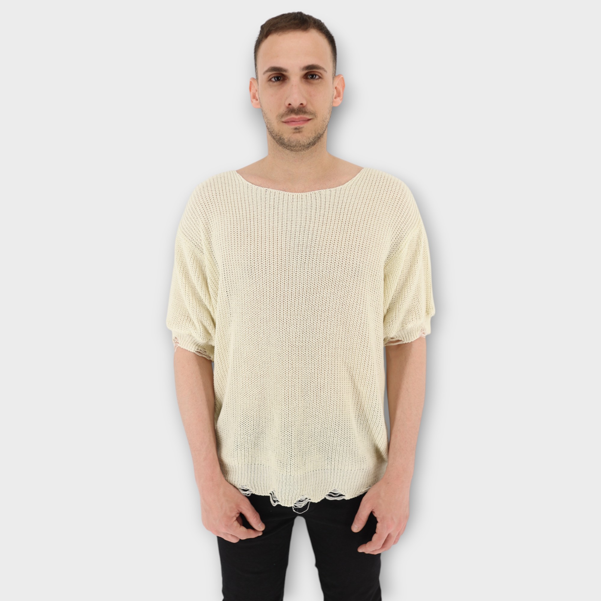 T-shirt με υφή πλεκτού και ξέφτια - Off White
