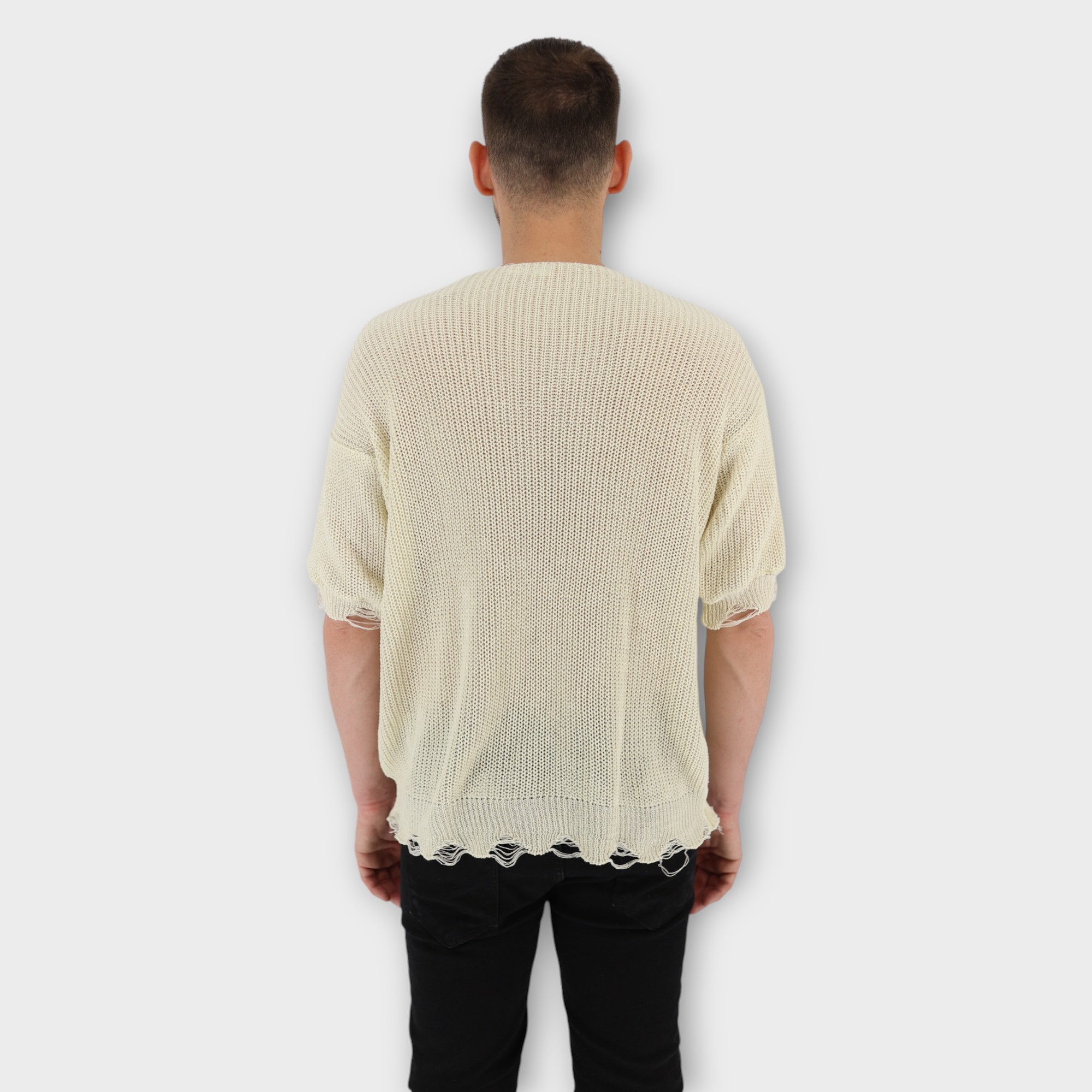 T-shirt με υφή πλεκτού και ξέφτια - Off White - Image 3
