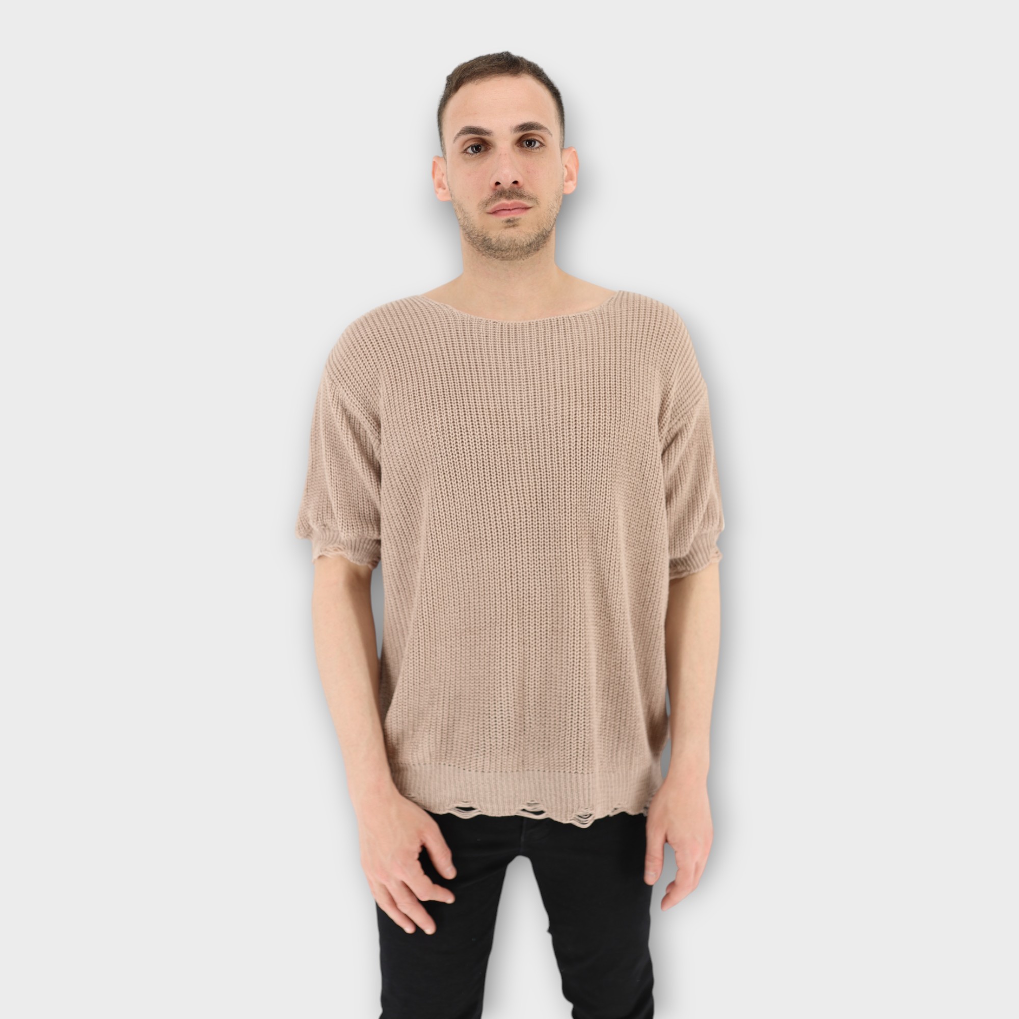 T-shirt με υφή πλεκτού και ξέφτια - Beige