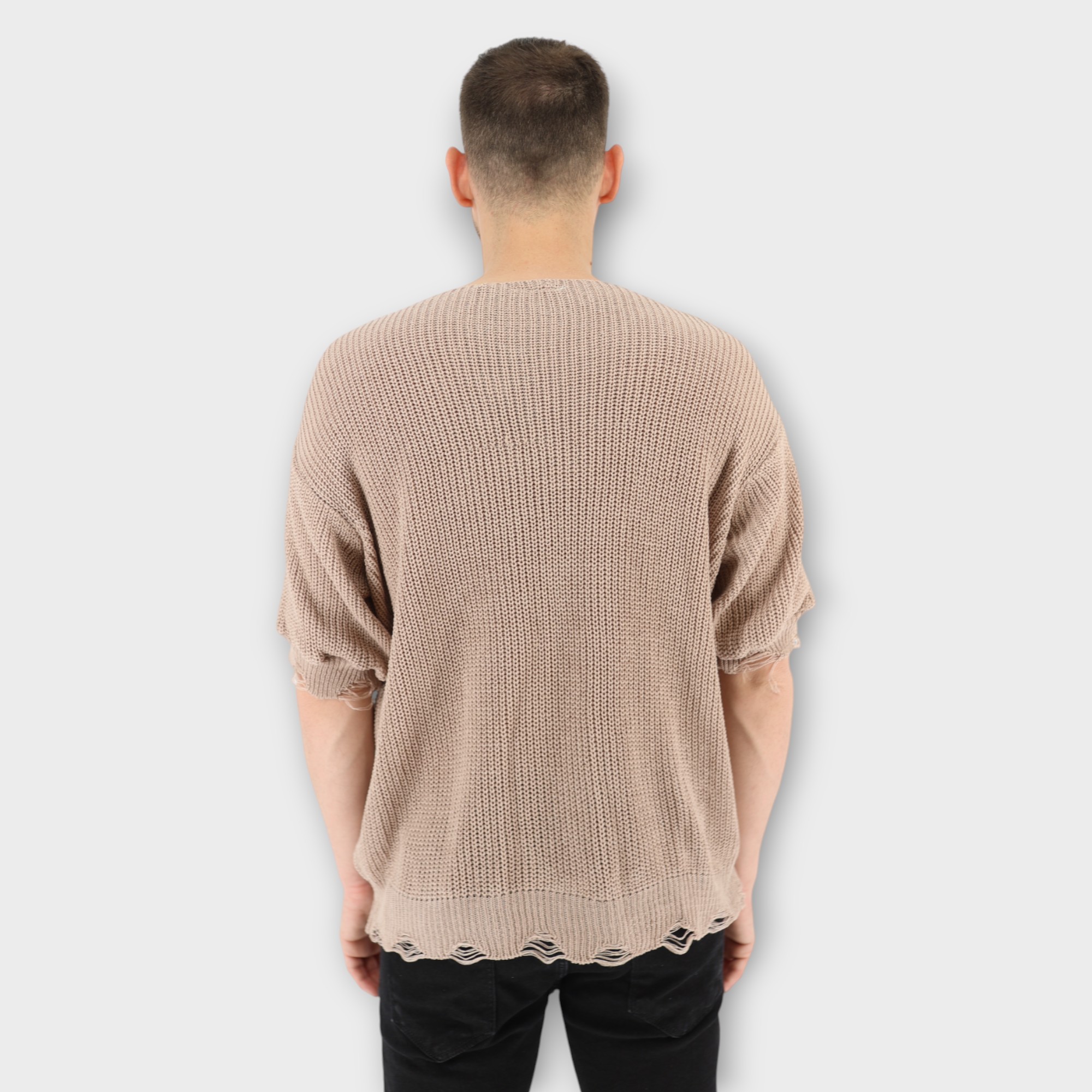 T-shirt με υφή πλεκτού και ξέφτια - Beige - Image 2