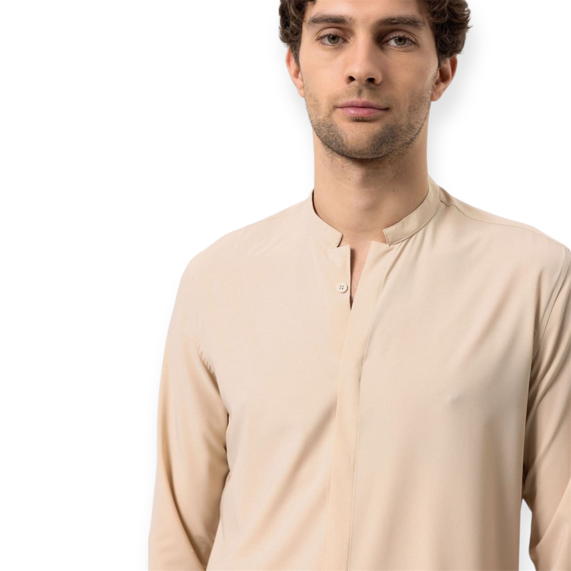 MINIMAL MANDARIN COLLAR SHIRT - BEIGE - Image 2
