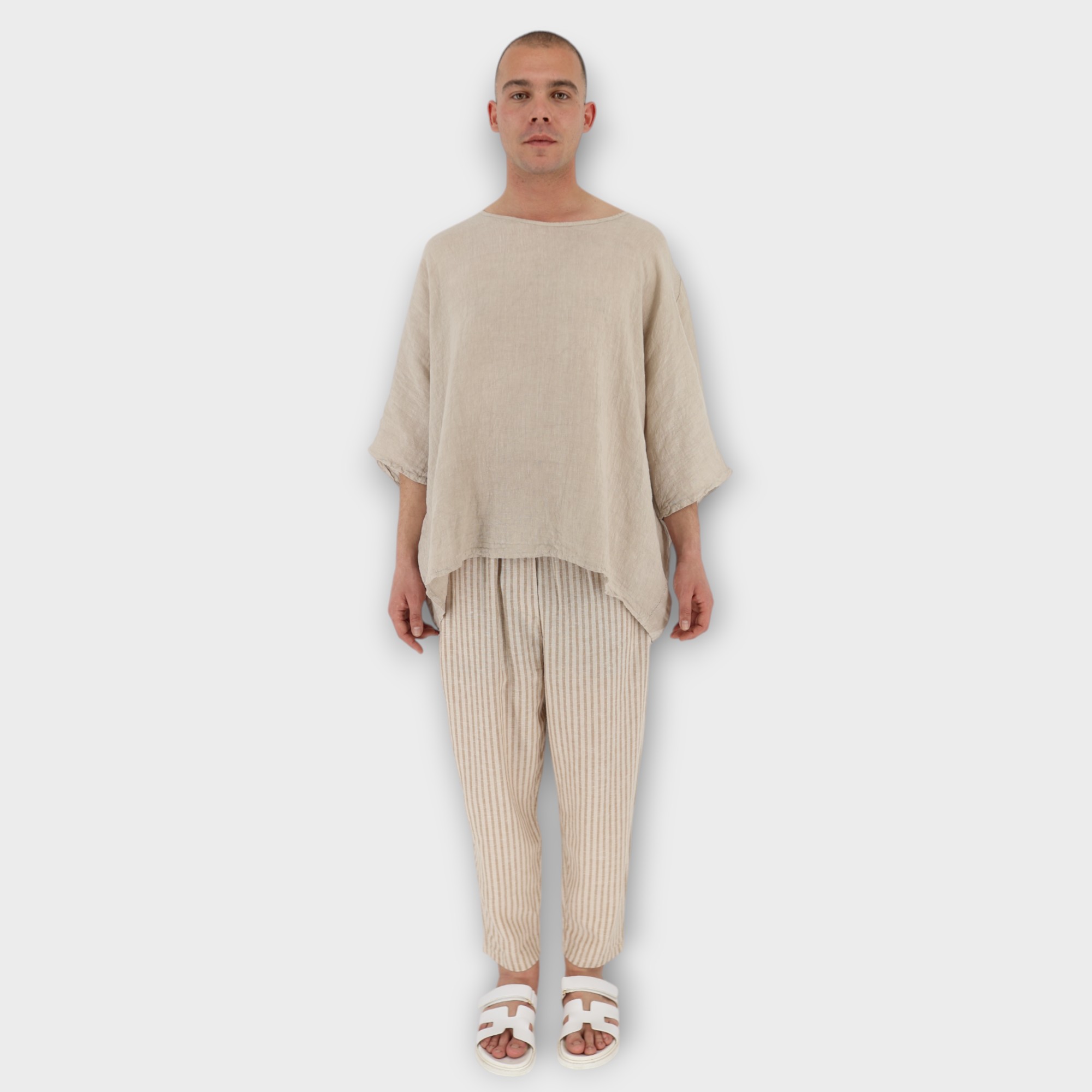 T-shirt σε άνετη γραμμή, ¾ μανίκι - Beige