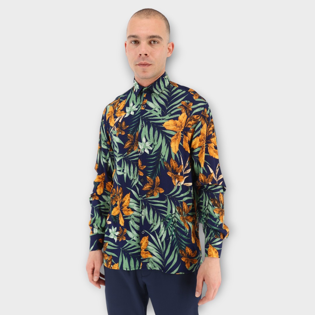 REGULAR SHIRT - TROPICAL BLUE WITH GREEN LEAVES