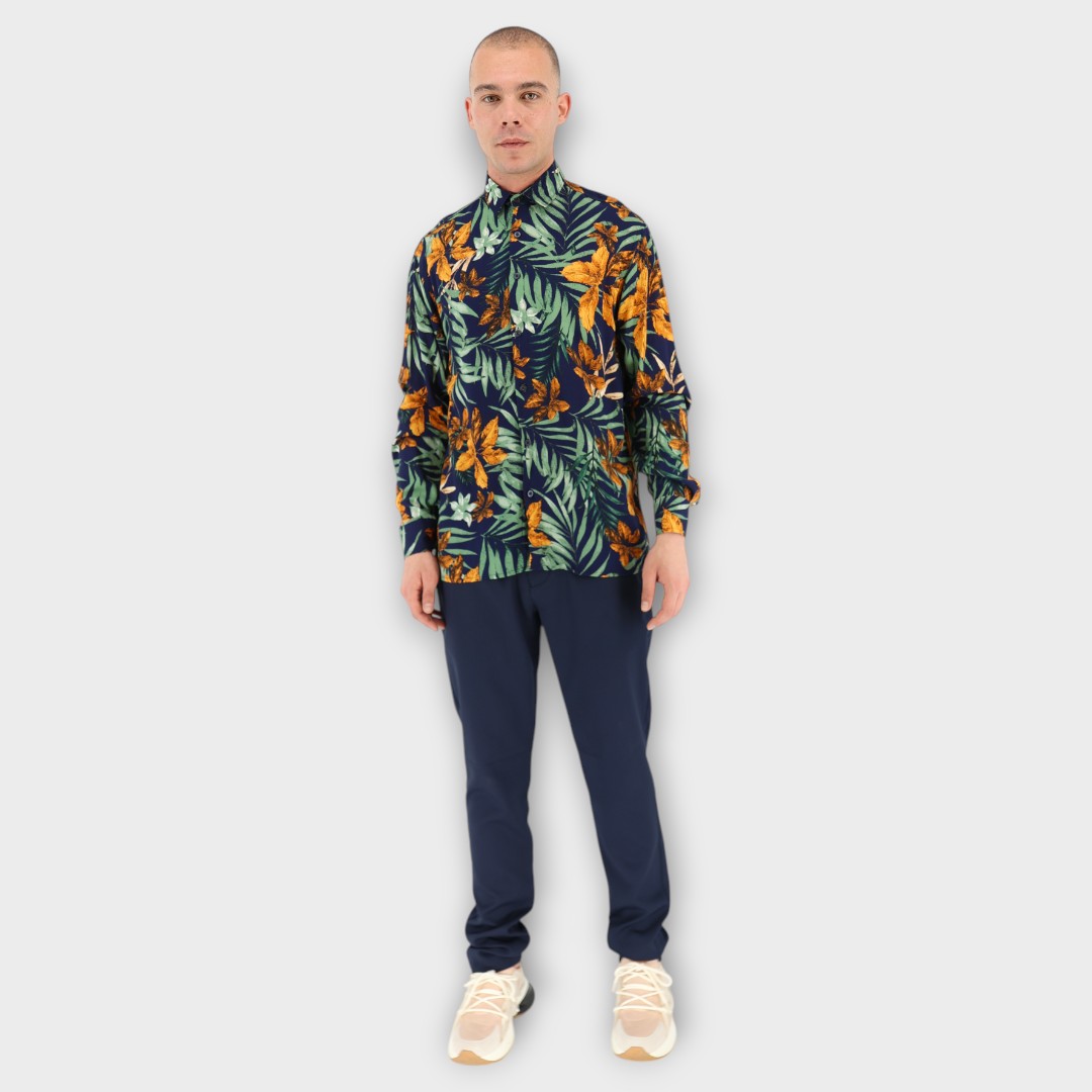 REGULAR SHIRT - TROPICAL BLUE WITH GREEN LEAVES - Image 2